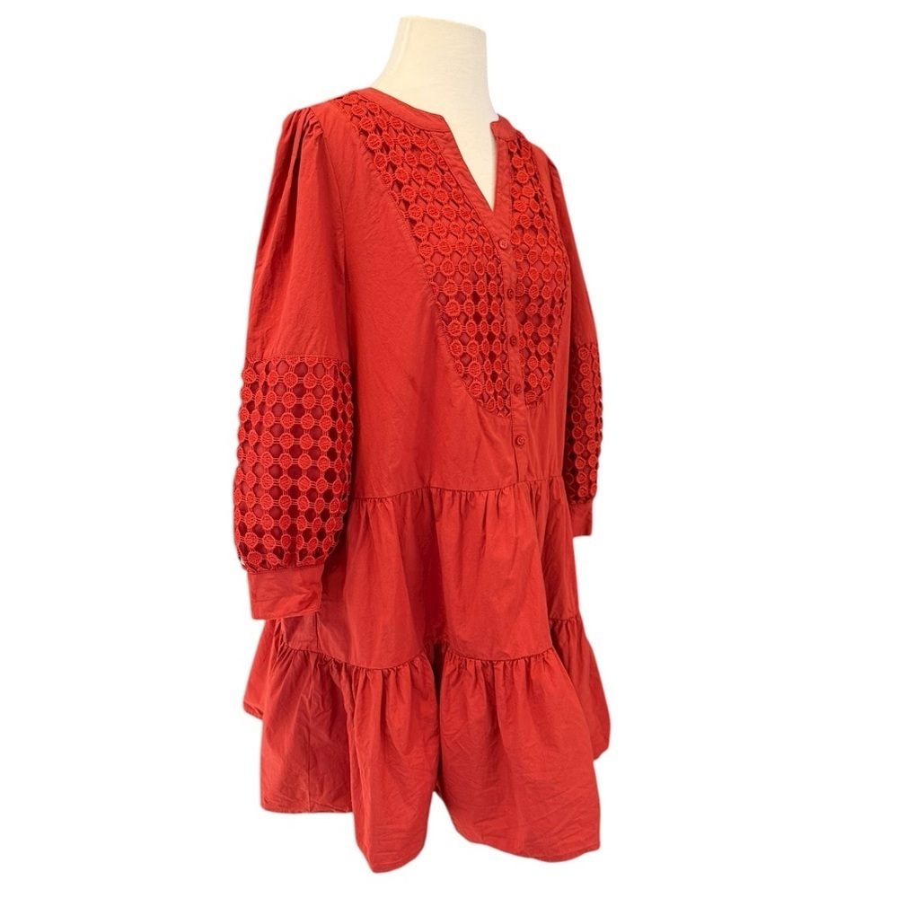 Baby Pink Rust Red Crochet Tiered Ruffle Mini Dress Medium - Picture 4 of 12